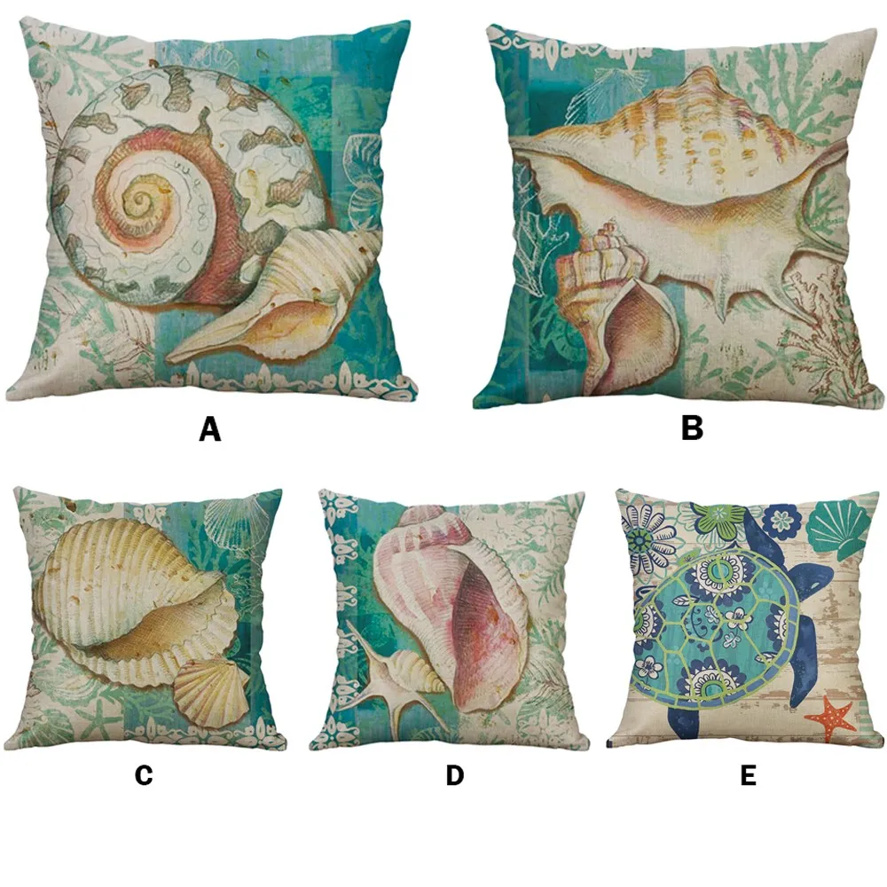 

NAI YUE Square Linen Blend Cushion Cover New Marine Life Turtle Conch Shell Pillowcase Pillow Covers Throw Waist Cover Home F3