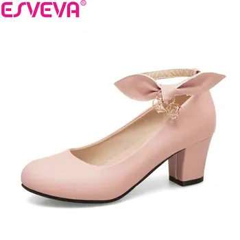 

ESVEVA 2018 Women Pumps Crystal Sweet Style Square High Heels Round Toe Buckle Strap Elegant Wedding Ladies Shoes Size 34-43