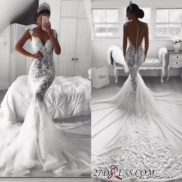 Robe de mariée 2019 Русалка Свадебные платья Sheer спинки с пуговицы покрыты развертки поезд кепки рукава See Through