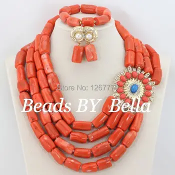 

High Quality 4 Rows Necklace Coral Beads Jewelry Set Red African Wedding Party Jewelry Set Free Shipping ABS118