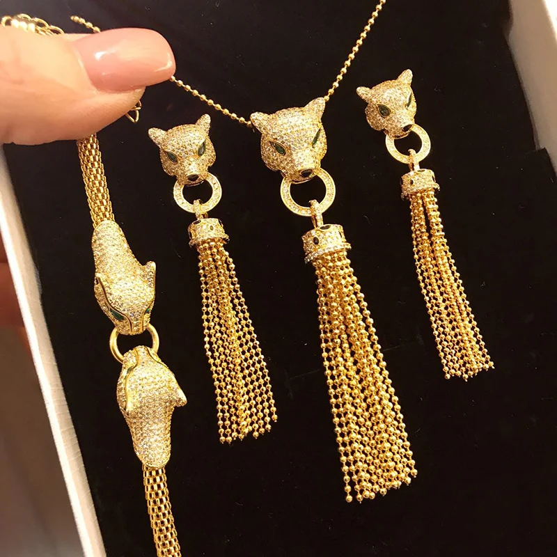 

Hot Brand Pure 925 Sterling Silver Jewelry For Women Wedding Leopard Jewelry Set panther Necklace Earring Ring Bracelet Set