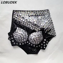 Блестящие стразы, бикини, сексуальный сценический наряд, Серебристый бюстгальтер с кристаллами, на молнии, высокая талия, шорты, авто шоу, костюм для женщин, DJ DS одежда