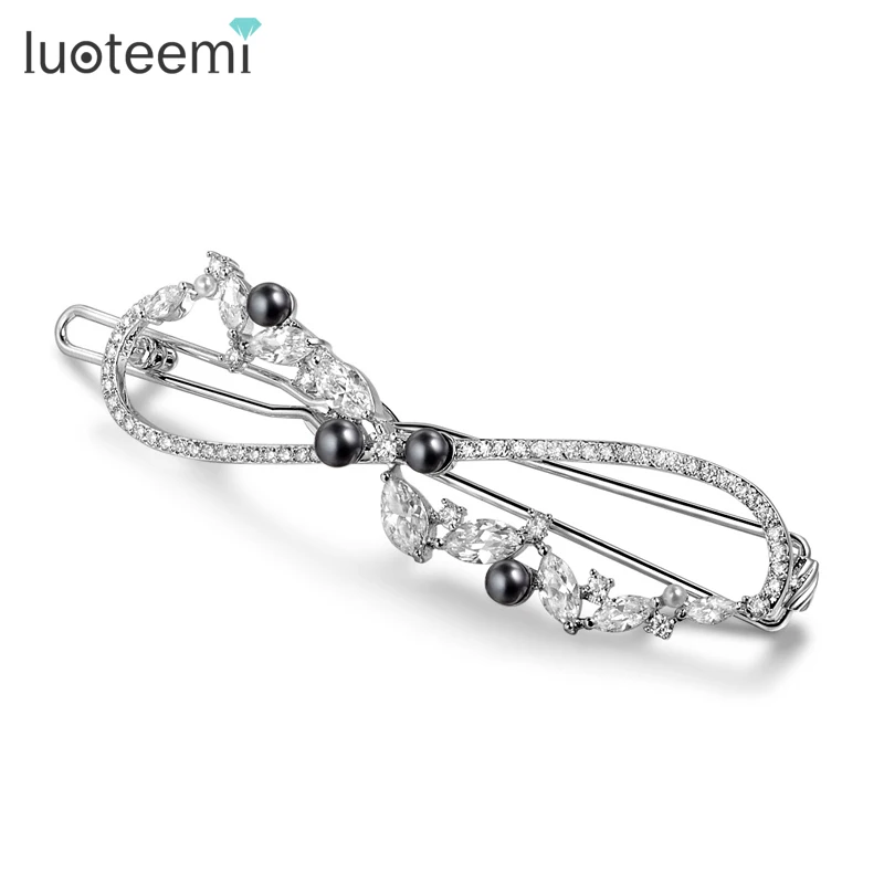 

LUOTEEMI Trendy Women Girls Hairpins AAA Cubic Zirconia and 4 Small Black Shell Pearl Hair Clip white Gold-Color Women Jewelry