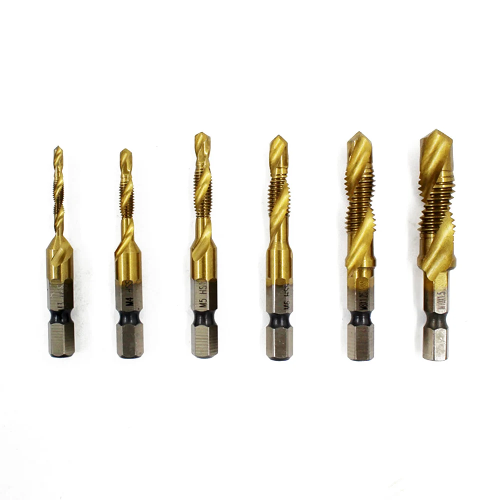 6pc HSS Metric Titanium Hex Shank Combination Drill Screw Thread Spiral Tap Bits | Инструменты