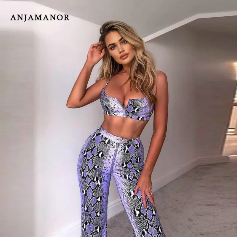 

ANJAMANOR Snake Skin Print Two Piece Set Pants and Crop Top Matching Sets Sexy Summer Club Outfits for Women Festival D92-AD57
