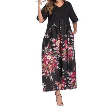 

Pop Dress Loose Pockets Short Sleeve Women Dress Floral Casual Ankle-Length Vestido De Festa Vestido Longo Harajuku