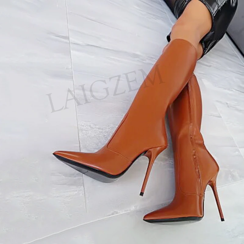 LAIGZEM Women High Heel Knee High Boots Stiletto Tall Boots Faux Leather Zip Shoes Woman Botines Mujer Larger Big Size 34-47 (2)