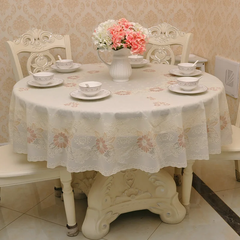 

Rose Gold Oil Proof Pvc Round Tablecloth 2 Layer Plastic Romantic Crochet Lace Table Covers Home Party Wedding Decoration