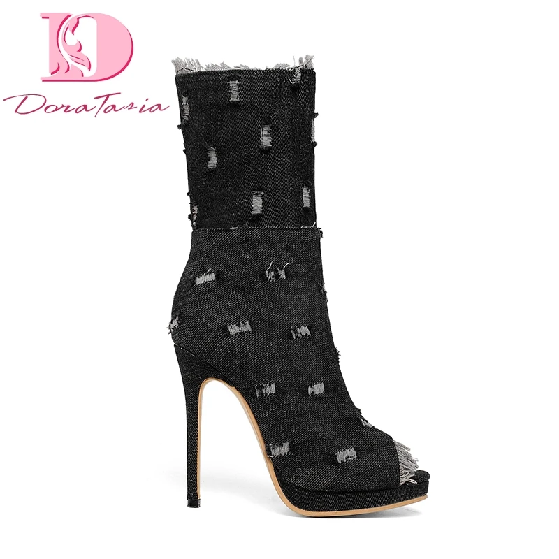 

Doratasia 2019 Ins style small plus size 28-52 high heels women's Shoes thin heeled party peep toe denim summer boots