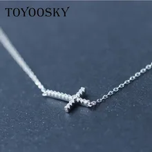 Toyoosk реальные. Серебро Микро-паве 925 пробы маленький CZ Крест с горизонтальной перекладиной ожерелье кулон Стерлинговое Серебро-ювелирные изделия 18