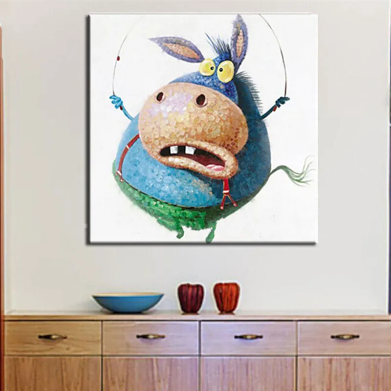 

Knife Funny Jump Hippo Pictures Large Wall Painting Modern Home Decor Art Handpainted Abstract Cartoon Oil Paintings on Canvas