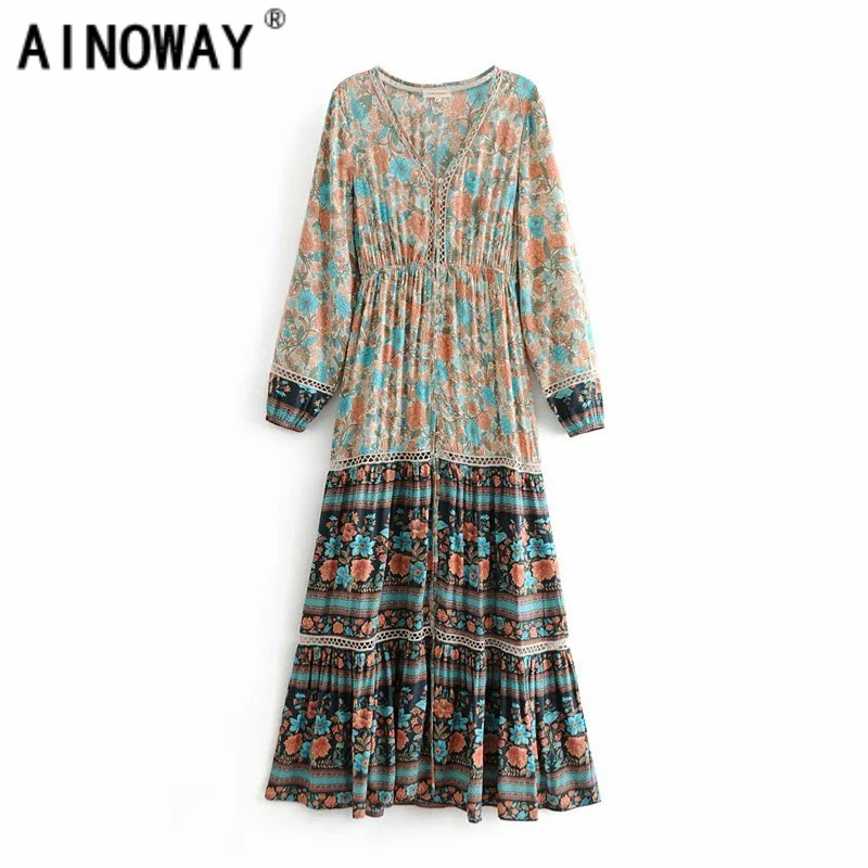 

Vintage chic Women vestidos Floral print sashes beach Bohemian maxi dress Ladies cross V neck Summer Boho dress