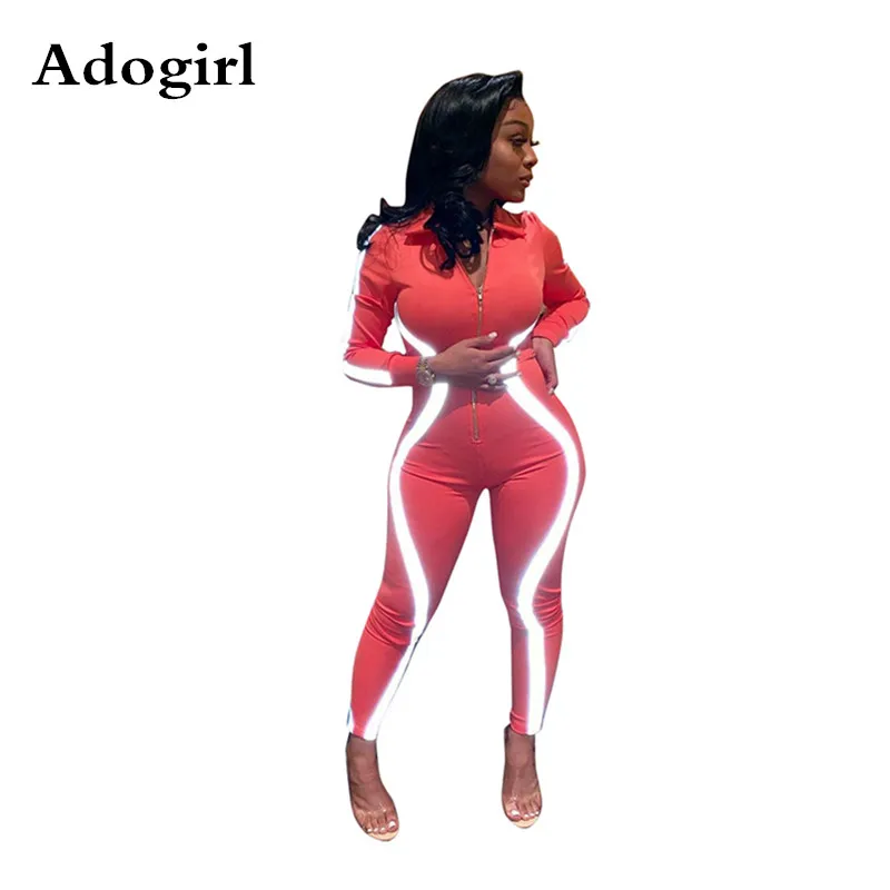 Fluorescent strip Reflective Patchwork Night Version Jumpsuit Zipper Turn Down Collar Long