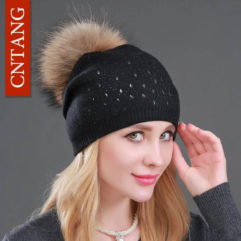 

Winter Wool Women Beanies Rivets Decoration Pompon Fur Hats Fashion Natural Raccoon Fur Caps Female Warm Cashmere Knitted Hat