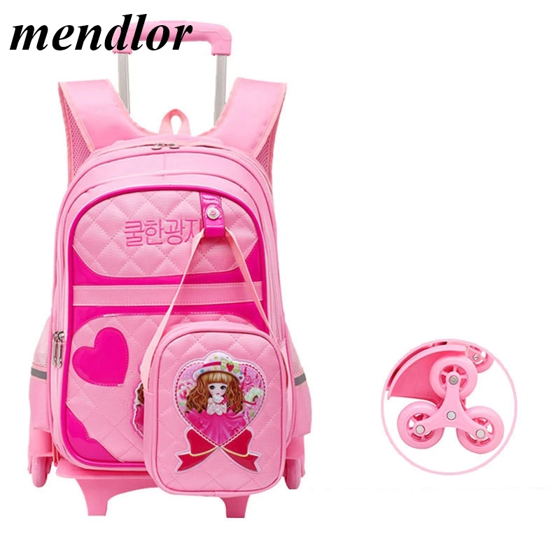 

Cartoon 2pcs set school backpacks 6 wheels children school bags for girls handbag waterproof cute kids travel trolley bookbag