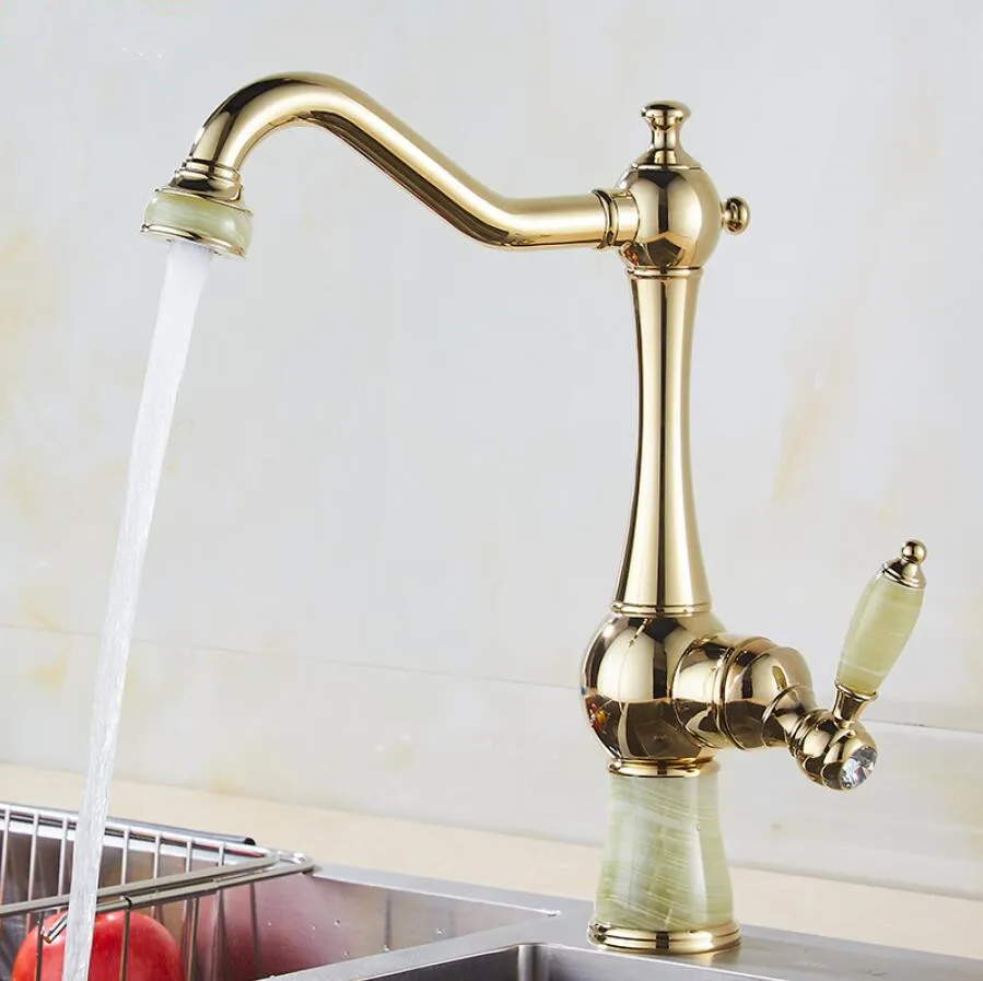 

Kitchen Faucets Brass with Jade Kitchen Crane Single Handle Gold Finish 360 Swivel Mixers Taps Kitchen Tap Sink Mixer