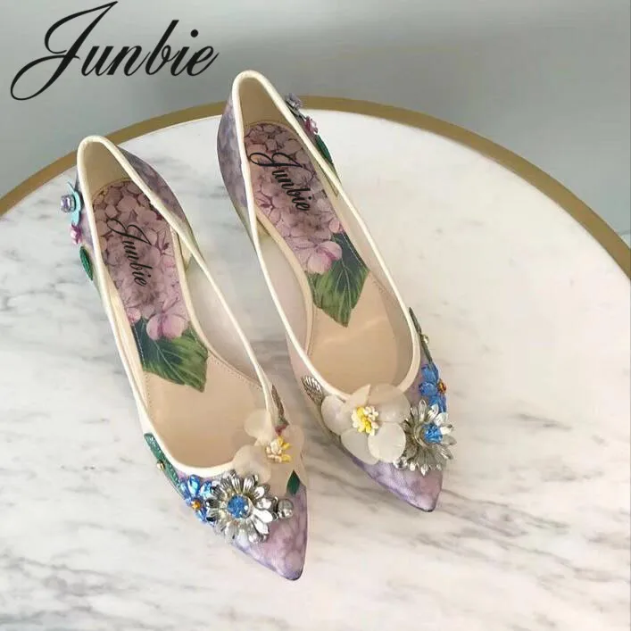 

JUNBIE New Mesh Crystal Floral Slip On Women Pumps Sexy Pointed Toe Thin HIgh Heel Slip On Summer Sandals Pumps Shoes Women