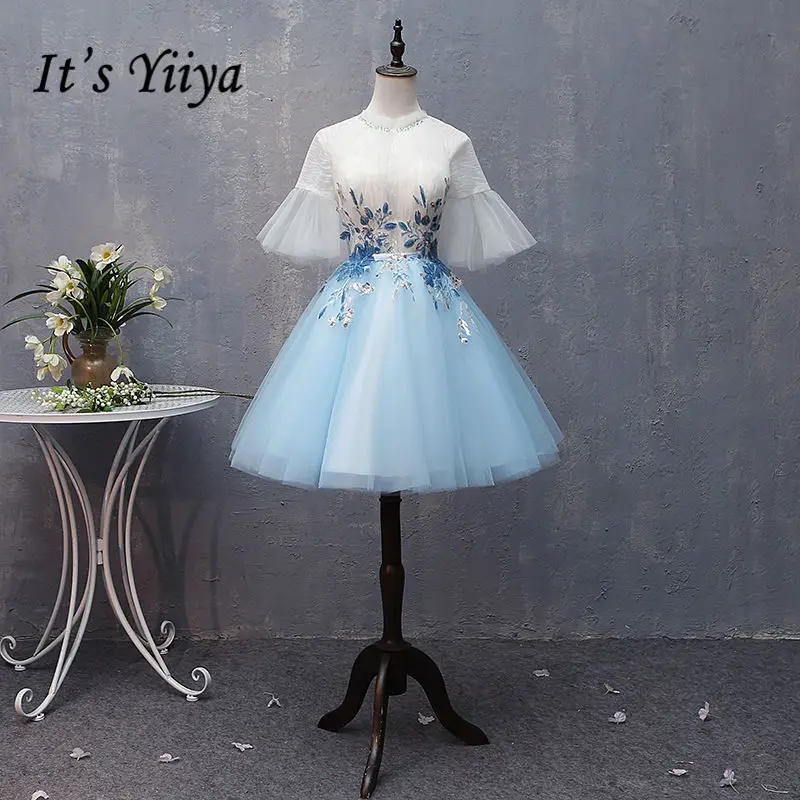 Это YiiYa коктейльное платье Вышивка Цветочные аппликации Бисер o-образным вырезом Flare рукавом Мини Короткие платья вечернее платье MN001