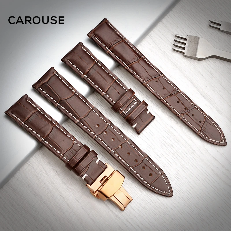 Online Correa de reloj Carouse 18mm 19mm 20mm 21mm 22mm 24mm correa de cuero de becerro mariposa hebilla Correa pulsera accesorios pulseras
