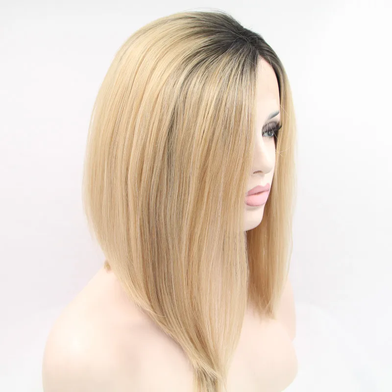 Sylvia Термостойкое волокно с темными корнями блонд боб парик с Омбре синтетические парики на кружеве для женщин короткие прямые волосы