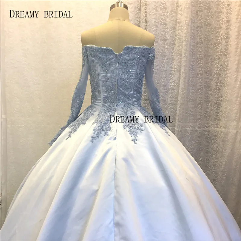 Dreamy Bridal Blue Long Wedding Dresses Ball Gown Sweetheart Long Sleeves Off the Shoulder Lace Beads Bride Gowns Custom Made-4