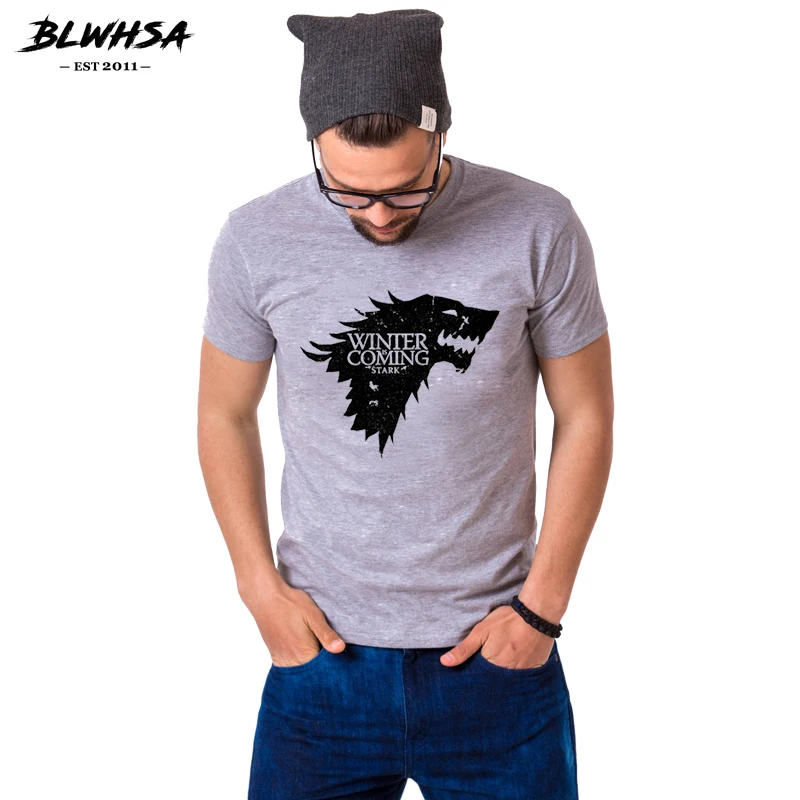 

BLWHSA Game Of Thrones Print T Shirt Men Casual Cotton Tops Tees Funny T Shirts Winter Is Coming Stark Blood Wolf Anime T-Shirt