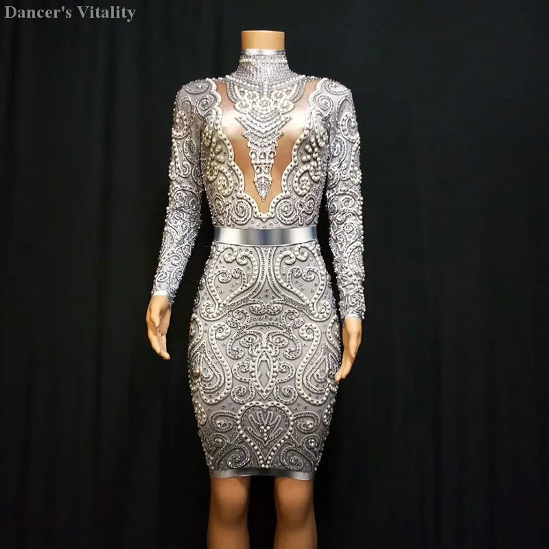 

Sexy Rhinestones Long Sleeve Dress Sparkly Crystals Big Stretch Dress Women's Evening Party Wear Prom Birthday Celebrate Outfit