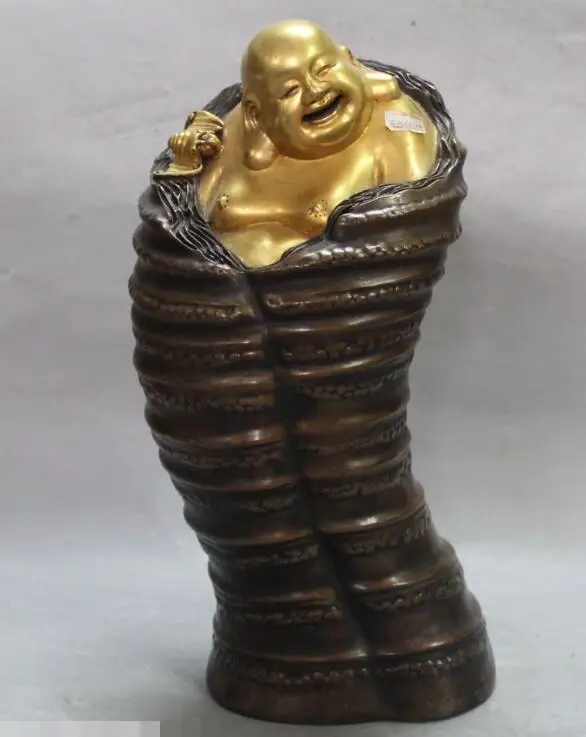 

S00983 15" Marked Chinese Purple Bronze 24K Gold Happy Laugh Maitreya Buddha Bat Statue