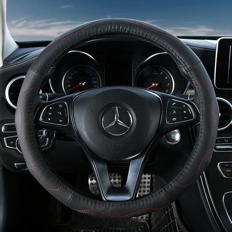 

Genuine Cowhide Perforated Leather Steering Wheel Cover Assistant Holding Position Wheel Protector with Natural Rubber Liner F35