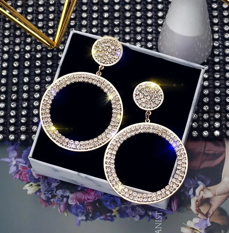 Fashion Shining Circle Earrings Precision Inlay Gold Silver Color Rhinestone Earrings for Women Wedding Party Jewelry - Окраска металла: C2027