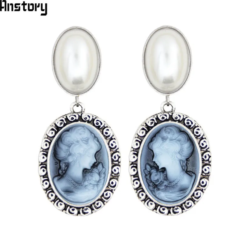 Oval Pearl Earrings Stud For Women Lady Queen Cameo Stud Vintage Look Antique Silver Plated Fashion Jewelry TE492