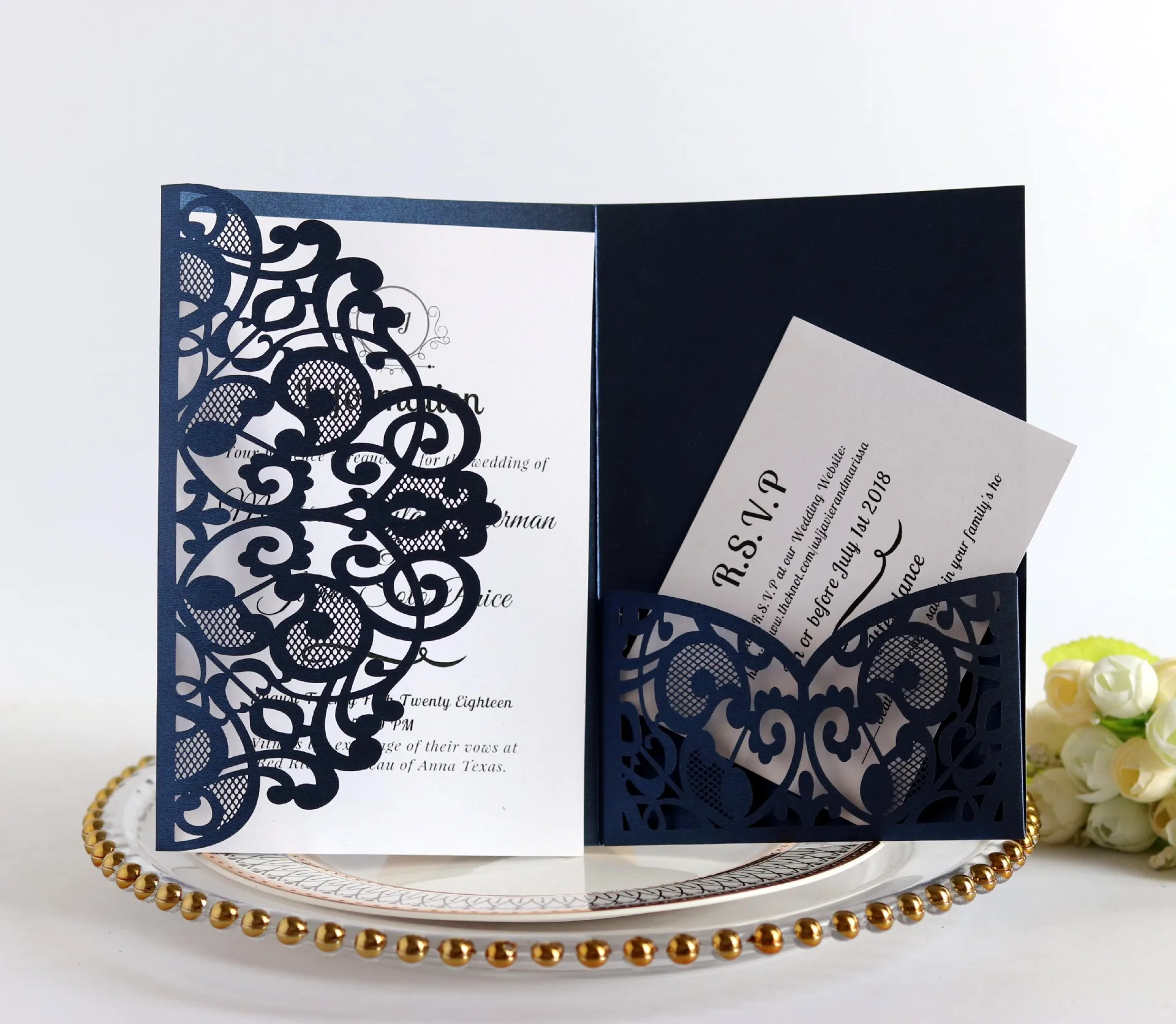  10pcs Blue Sample European Laser Cut Wedding Invitations Card Tri-Fold Lace Business Greeting Cards - 4000256936101