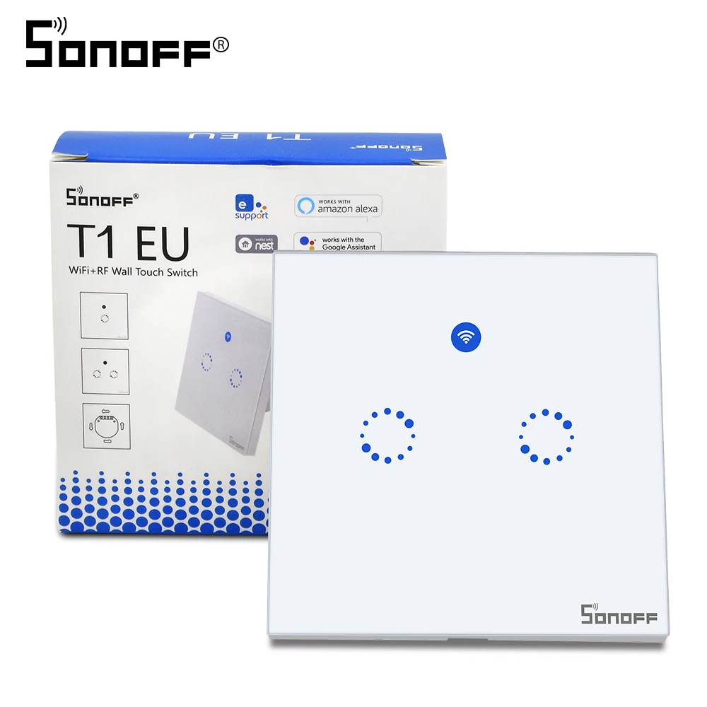

Sonoff T1 EU 2 Gang Wifi Smart Switch Wall Touch/WiFi/433 RF/APP Remote Control Wireless Light Switch Work With Controller Alexa