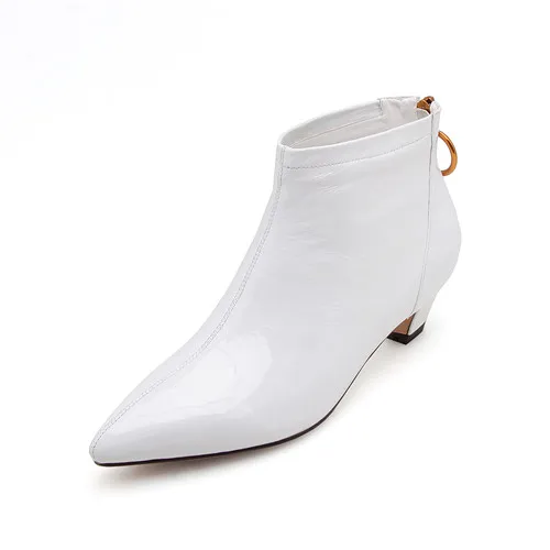 Women's kitten heel white ankle boots genuine leather low heel short