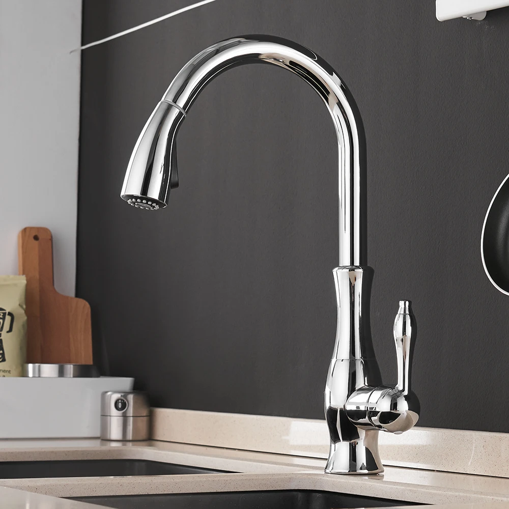  Gold Kitchen Faucets Silver Single Handle Pull Out Kitchen Tap Single Hole Handle Swivel Degree Wat - 32890939726