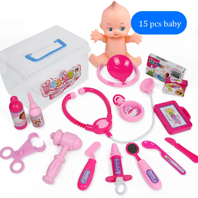 Игровые наборы доктора, симуляция, медицинский ящик, Pretent Doctor Toys, стетоскоп, инъекции, детские подарки, новые детские забавные игрушки - Цвет: 15 pcs with baby