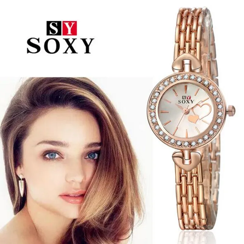

New Fashion 2016 Luxury Brand Rose Gold Rhinestone Watches Women Dress Wristwatches Ladies Stainless Steel Bracelet Watch AC064