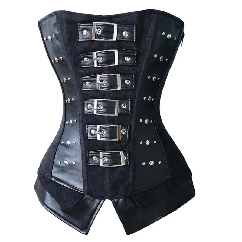 Retro Buckle Women Corset Sexy Lingerie Black Rivet Steampunk PU
