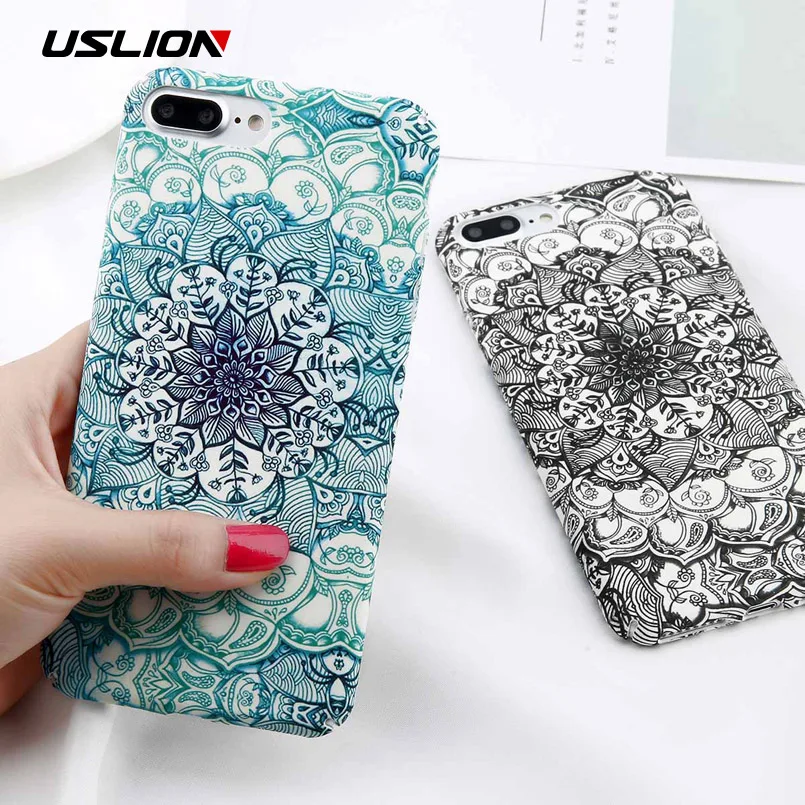 

USLION Luminous Flower Case For iPhone 7 Plus Mandala Pattern Phone Cases Slim Matte PC Back Cover For iPhone X 8 7 6 6S Plus