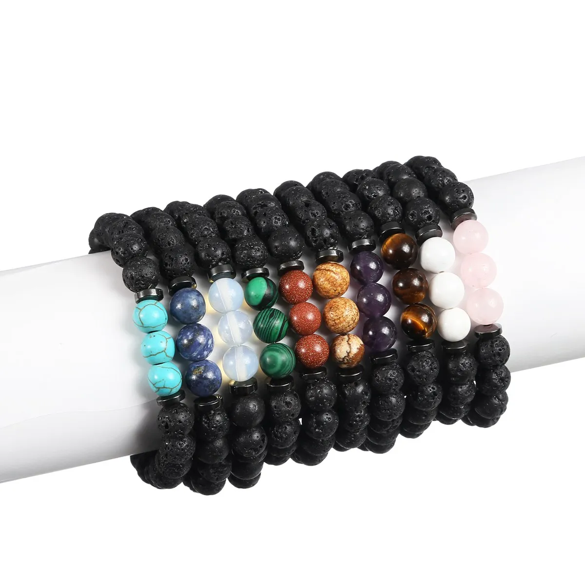 8MM Black Rock Lava Stone Reiki Healing Energy Bracelets for Women Men Semi Preicous Bangles|Браслеты с голограммой| |