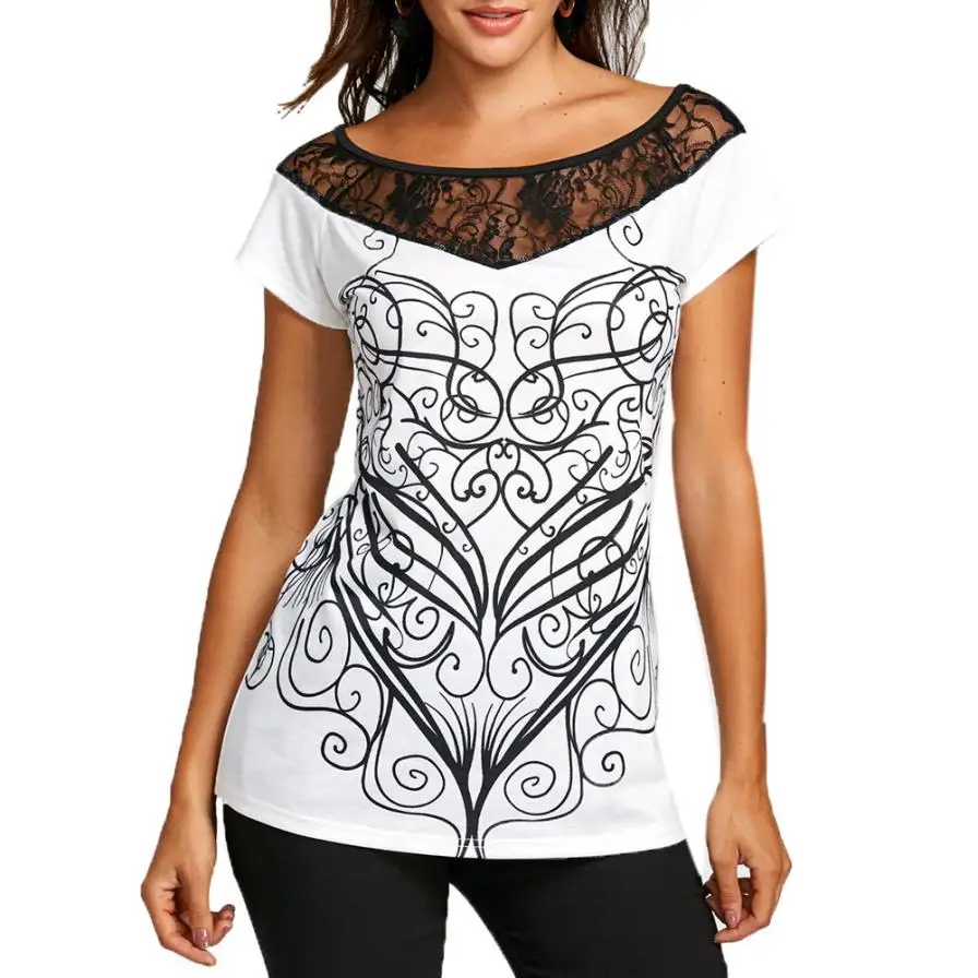 

feitong t shirt women 2018 summer white lace Hollow Out shirt Print women clothing fashion sexy t shirt women tops ropa mujer