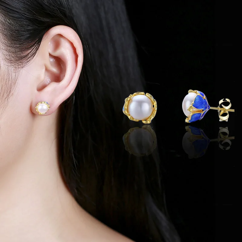 

Trendy Women Round Stud Earrings For Women 925 Sterling Silver Earring Cloisonne Fashion National Style Women Jewelry Best Gifts