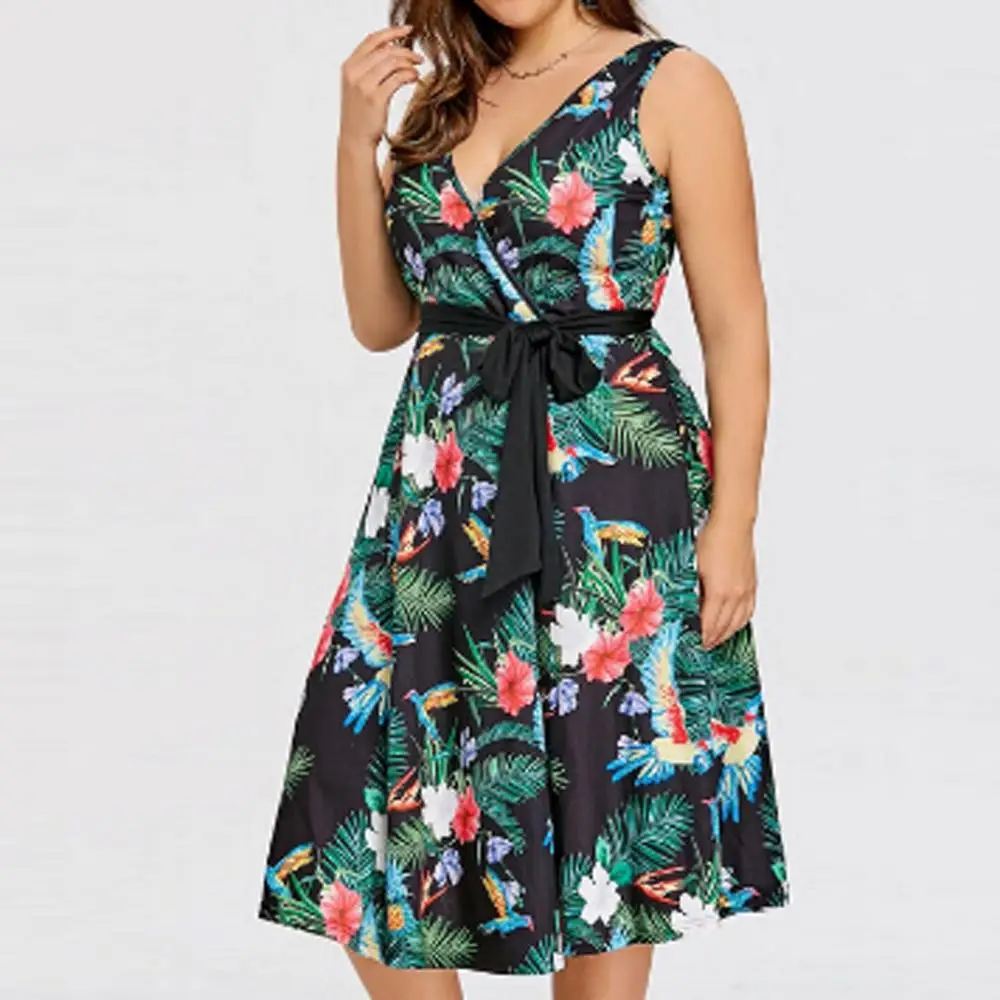 

New Female Midi Dress 2019 Bohemian Girl Plus Size Bandage Dresses Sleeveless Floral Print Sundress Ropa Mujer Drop shipping c
