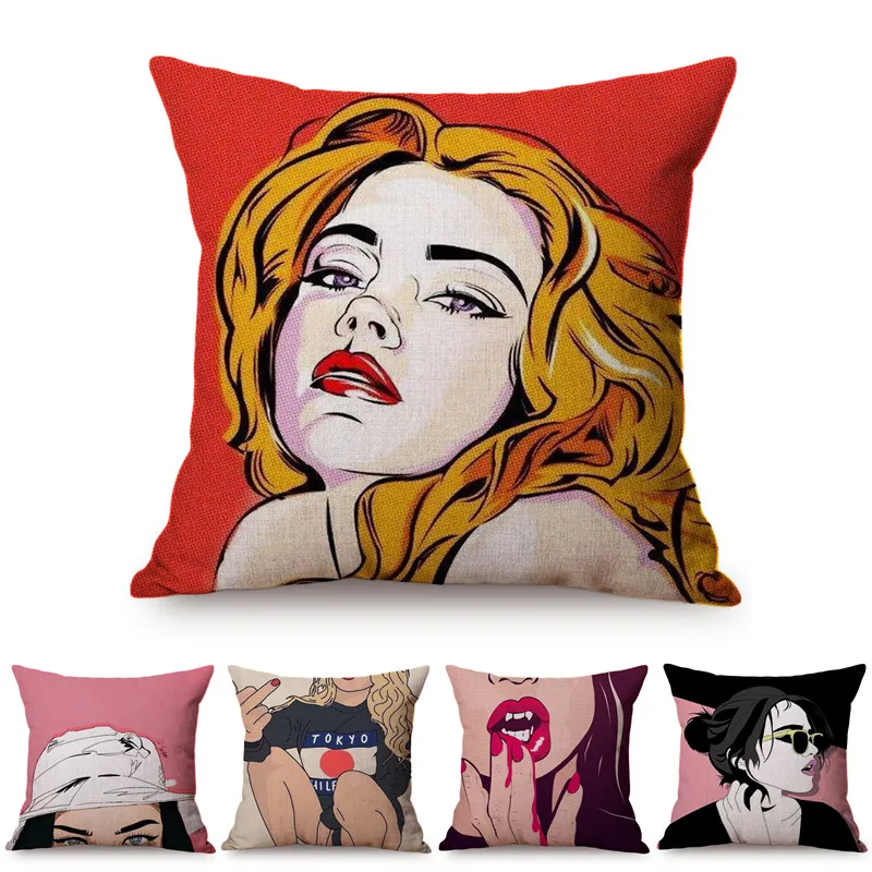 

Sexy Woman Pop Art Home Decoration Sofa Throw Pillow Case Fashion Girl Gallery Coffee Shop Cotton Linen Car Chair Cushion Cover