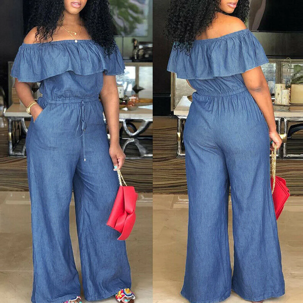 

2019 womens rompers jumpsuit Off Shoulder Denim Jeans Look Long Party Club Playsuits Jumpsuits combi pantalon femme#XB35