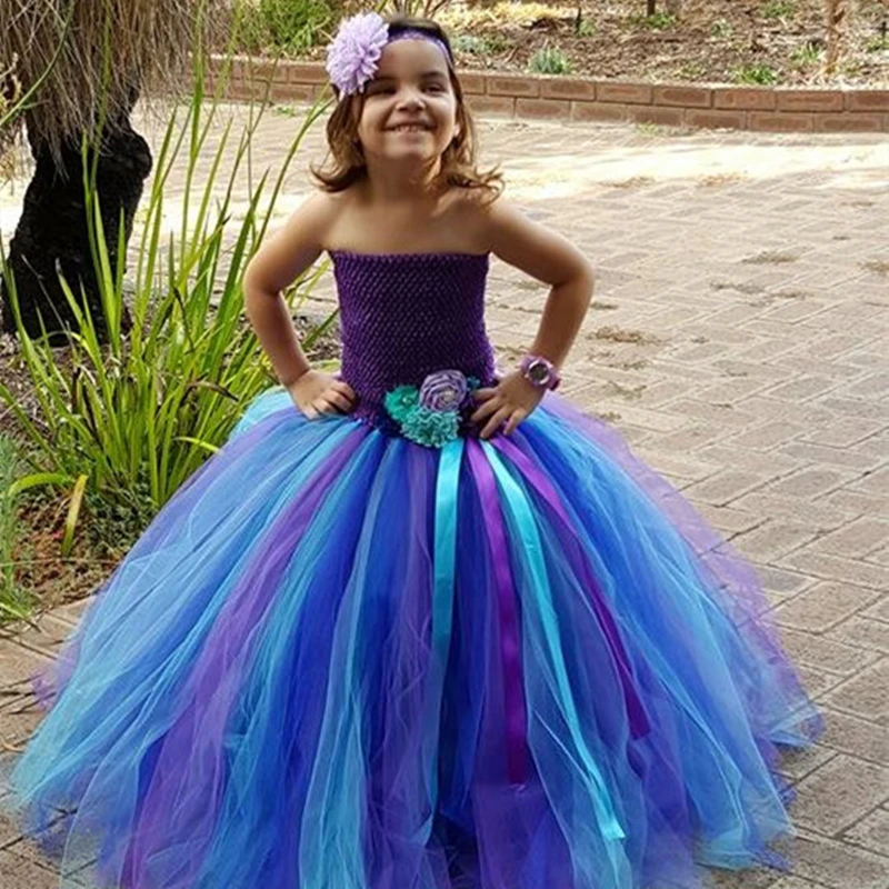 

Princess Girls Peacock Tutu Dress for Kids Girl Photo Shoot Clothes Set with Headband Children Ankle Length Carnival Party Dress
