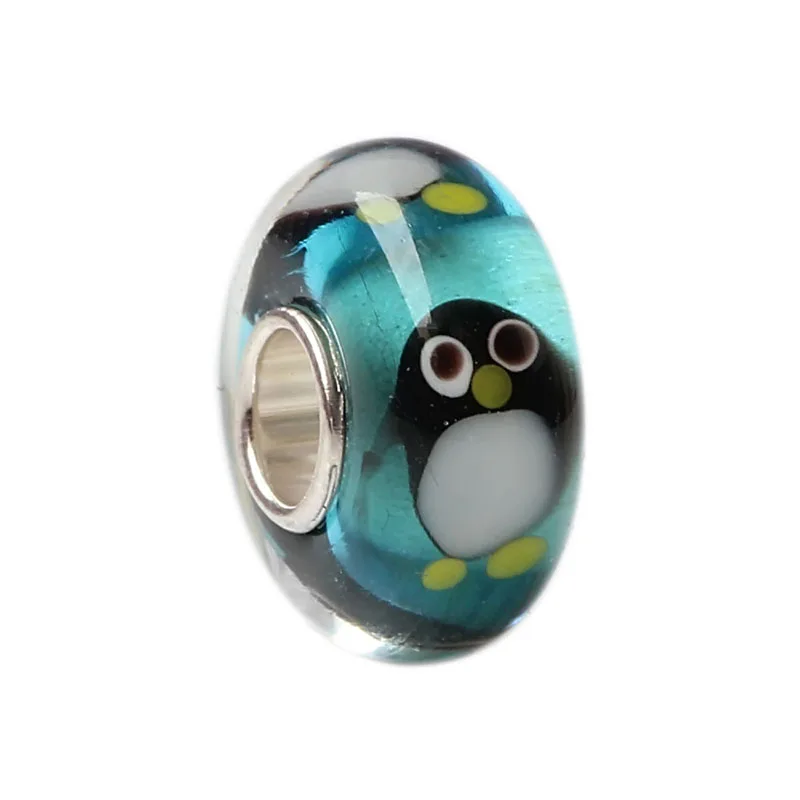 

925 Sterling Silver Large Hole Colorful 3D Cartoon Penguin Murano Glass European Charm Beads Fit European Bracelet Jewelry