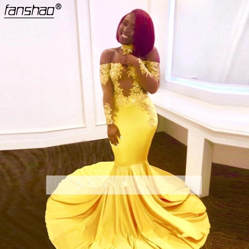 

Fanshao Yellow Prom Dresses Mermaid Off the Shoulder Long Sleeves Appliques See Through Party Long Prom Gown Evening Dresses