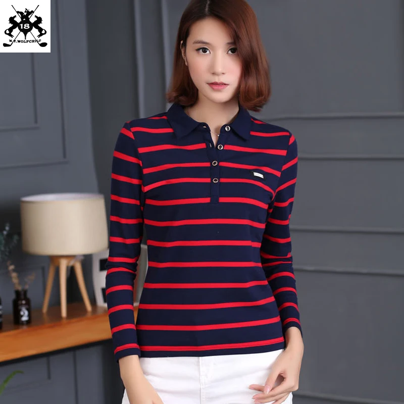 2018 Ne style Womens polos shirts long sleeve lapel womens striped