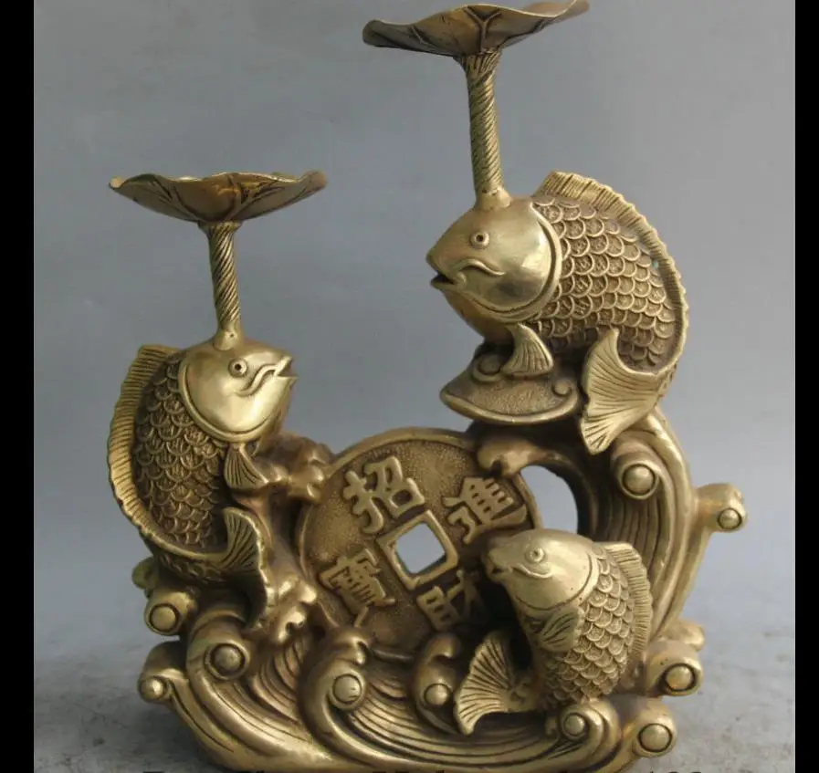 

671116464+++12" Chinese Folk Brass Wealth Two Fish Lotus Leaf Candle Holder Candlestick